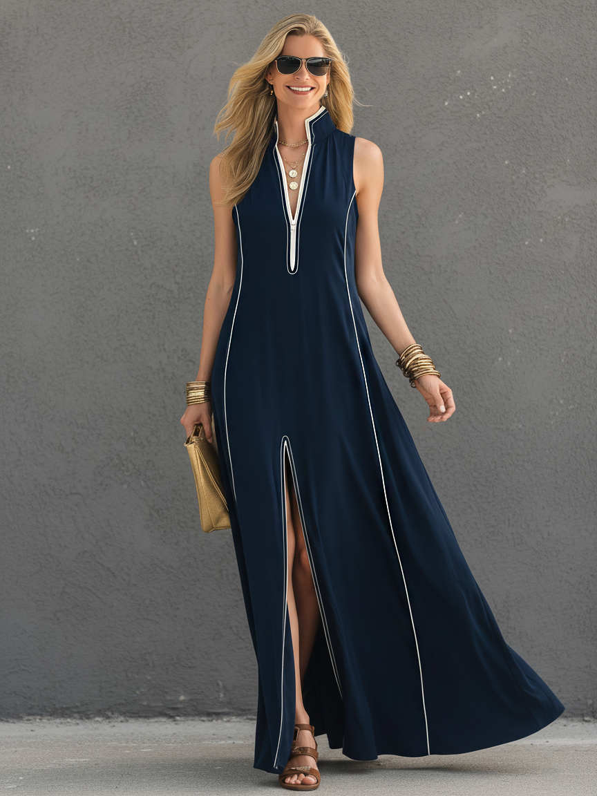 Dark Blue Stretch-Knit Sleeveless Maxi Dress with Stand Collar for Casual Wear
