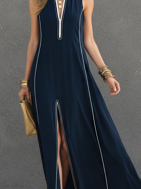 Dark Blue Stretch-Knit Sleeveless Maxi Dress with Stand Collar for Casual Wear