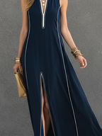 Dark Blue Stretch-Knit Sleeveless Maxi Dress with Stand Collar for Casual Wear