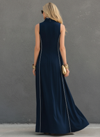 Dark Blue Stretch-Knit Sleeveless Maxi Dress with Stand Collar for Casual Wear