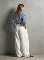 Blue & White Striped Shirt with White Linen Pants Set – Casual Summer Outfit