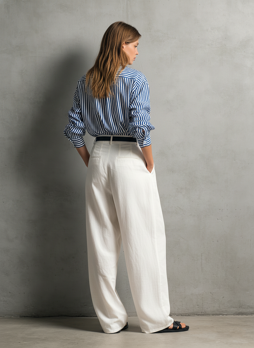 Blue & White Striped Shirt with White Linen Pants Set – Casual Summer Outfit