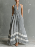 Grey & White Striped Halter Maxi Dress - Sleeveless Summer Flowing Dress for Women