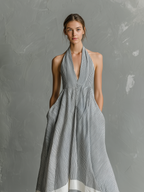 Grey & White Striped Halter Maxi Dress - Sleeveless Summer Flowing Dress for Women