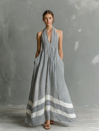 Grey & White Striped Halter Maxi Dress - Sleeveless Summer Flowing Dress for Women