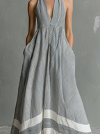 Grey & White Striped Halter Maxi Dress - Sleeveless Summer Flowing Dress for Women