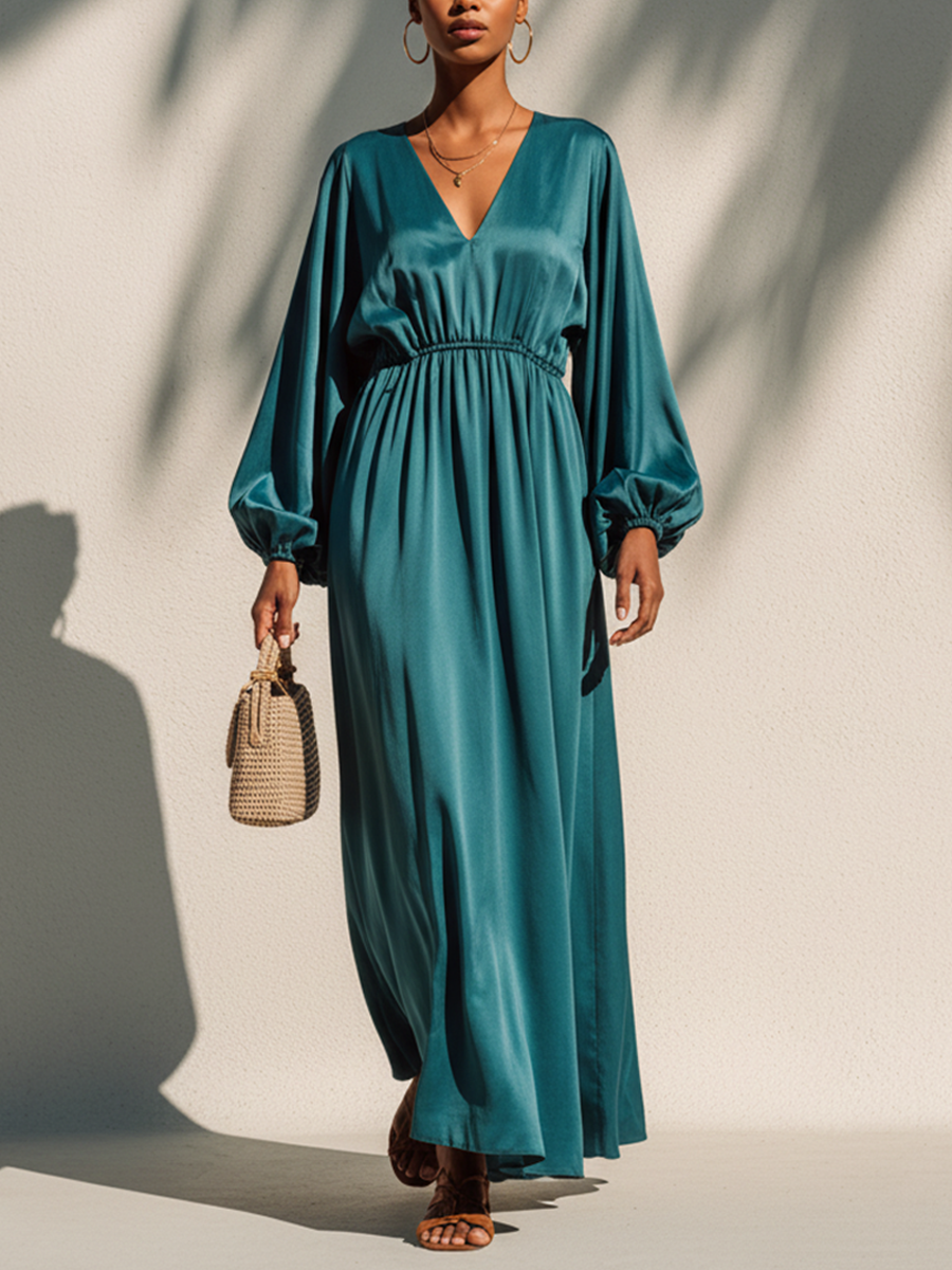 Blue-Green Satin Maxi Dress for Women - V-Neck, Lantern Sleeves, Flowing Fit