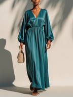 Blue-Green Satin Maxi Dress for Women - V-Neck, Lantern Sleeves, Flowing Fit