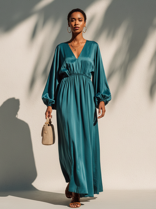 Blue-Green Satin Maxi Dress for Women - V-Neck, Lantern Sleeves, Flowing Fit