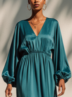 Blue-Green Satin Maxi Dress for Women - V-Neck, Lantern Sleeves, Flowing Fit