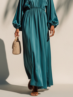 Blue-Green Satin Maxi Dress for Women - V-Neck, Lantern Sleeves, Flowing Fit