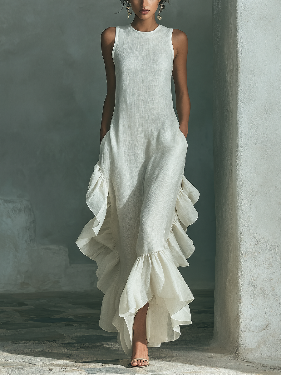 Ivory Linen Sleeveless Maxi Dress with Ruffle Hem for Everyday Wear
