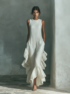 Ivory Linen Sleeveless Maxi Dress with Ruffle Hem for Everyday Wear