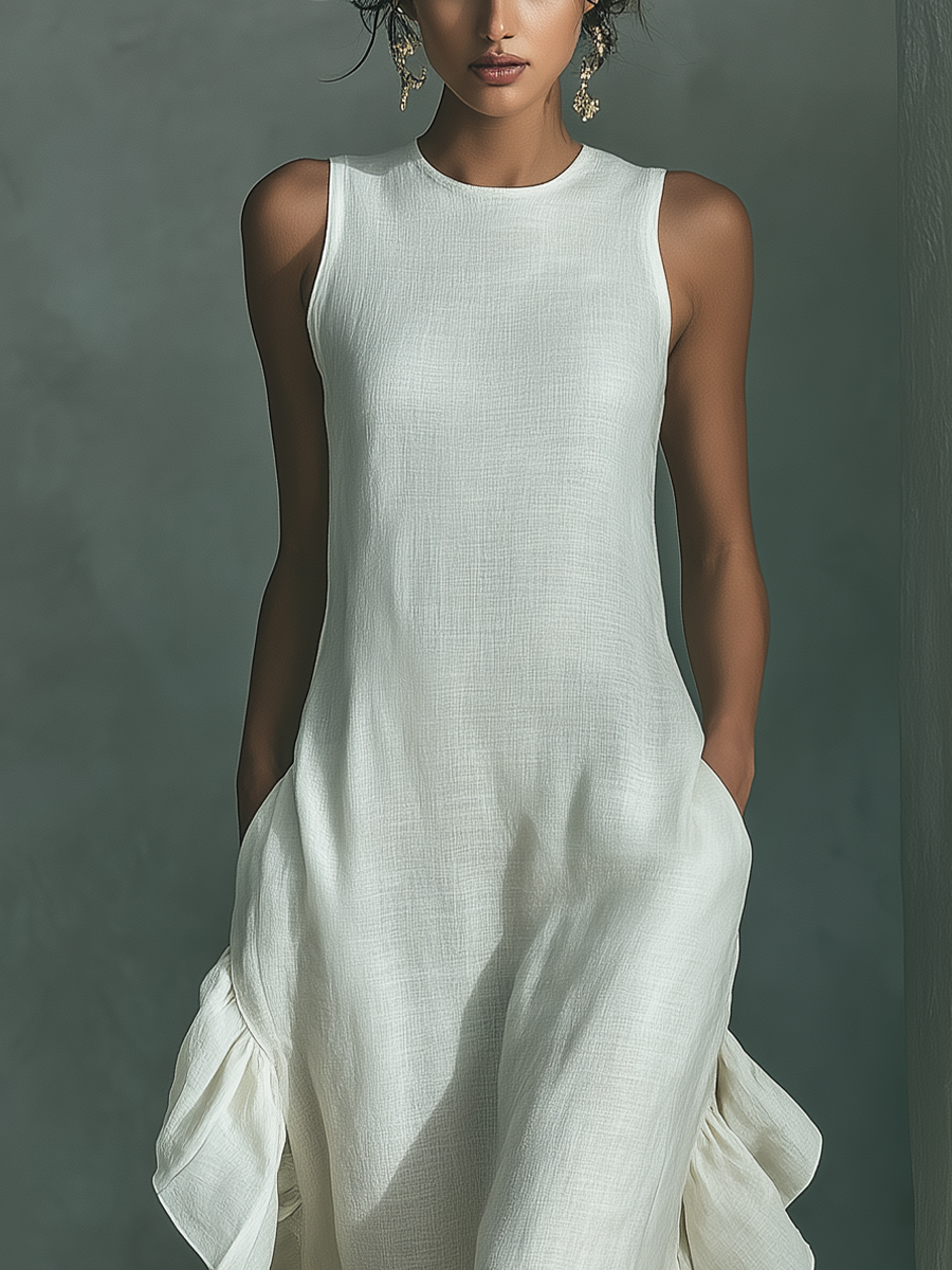 Ivory Linen Sleeveless Maxi Dress with Ruffle Hem for Everyday Wear