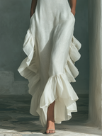 Ivory Linen Sleeveless Maxi Dress with Ruffle Hem for Everyday Wear