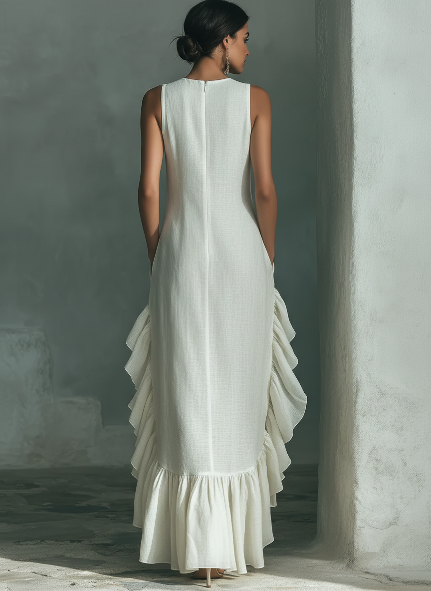 Ivory Linen Sleeveless Maxi Dress with Ruffle Hem for Everyday Wear