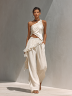 Ivory Satin One-Shoulder Crop Top with Draped Design for Evening Wear