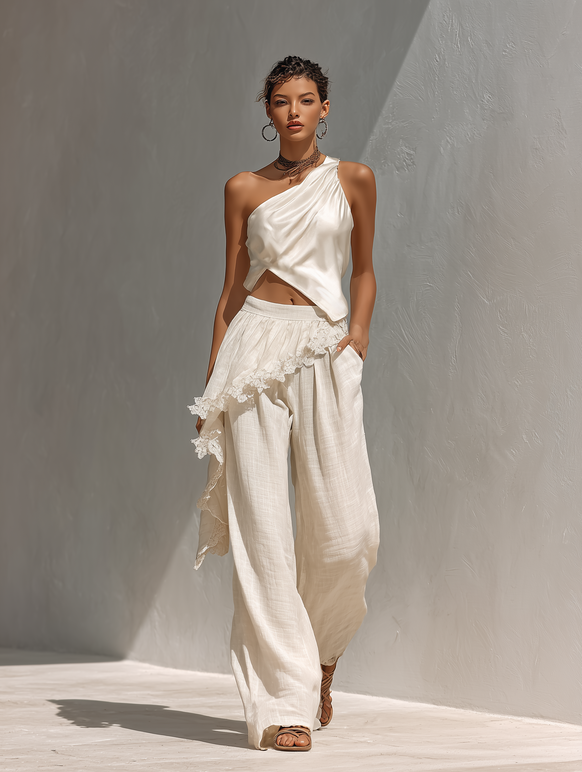 Ivory Satin One-Shoulder Crop Top with Draped Design for Evening Wear