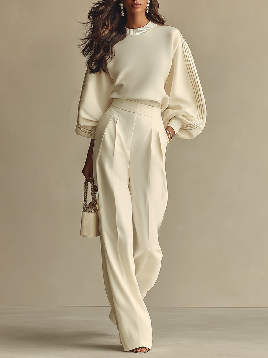 Ivory Textured Knit Lounge Set – Ribbed Crew Neck & High-Waisted Design