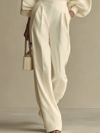 Ivory Textured Knit Lounge Set – Ribbed Crew Neck & High-Waisted Design