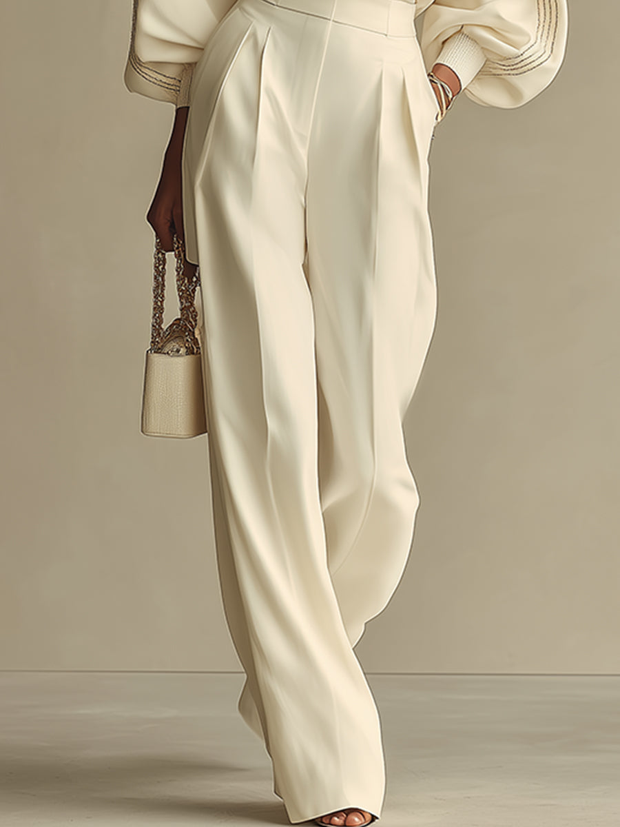 Ivory Textured Knit Lounge Set – Ribbed Crew Neck & High-Waisted Design