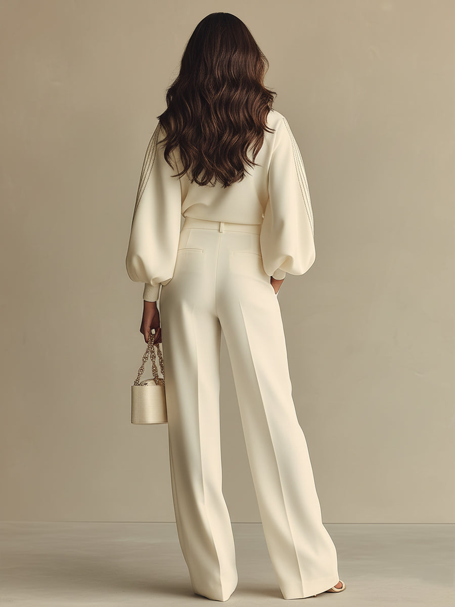 Ivory Textured Knit Lounge Set – Ribbed Crew Neck & High-Waisted Design