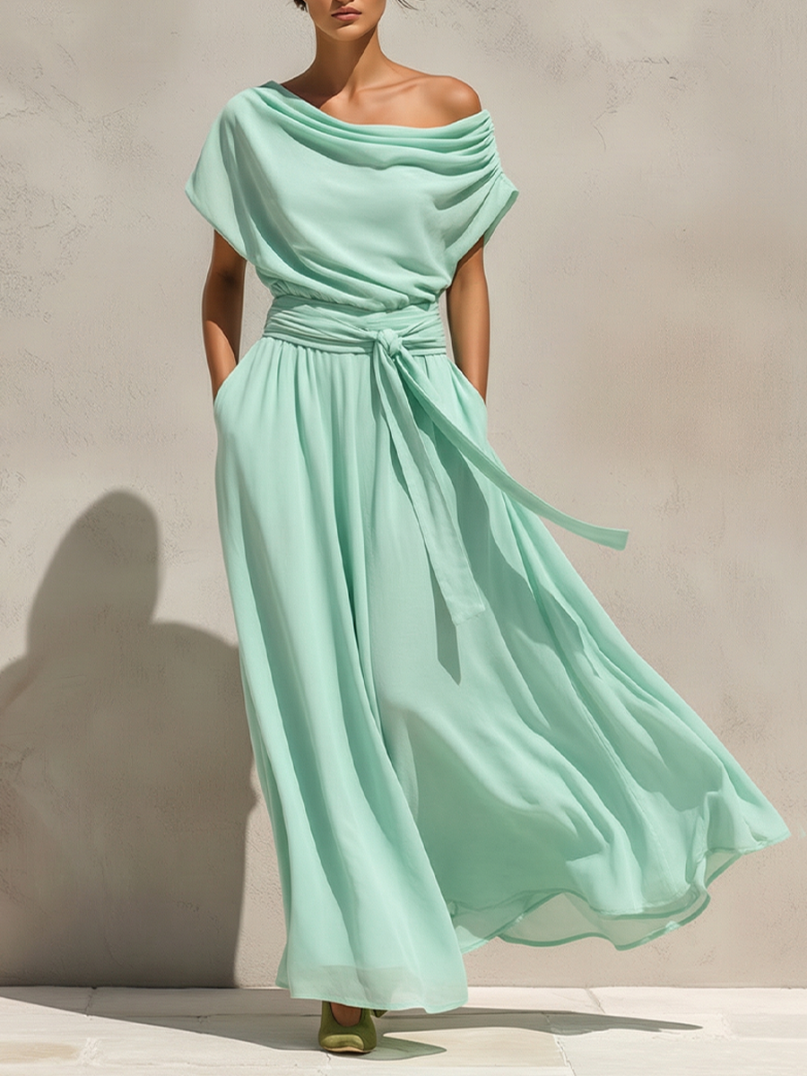 Mint Green Chiffon Off-The-Shoulder Maxi Dress with Belted Waist for Women