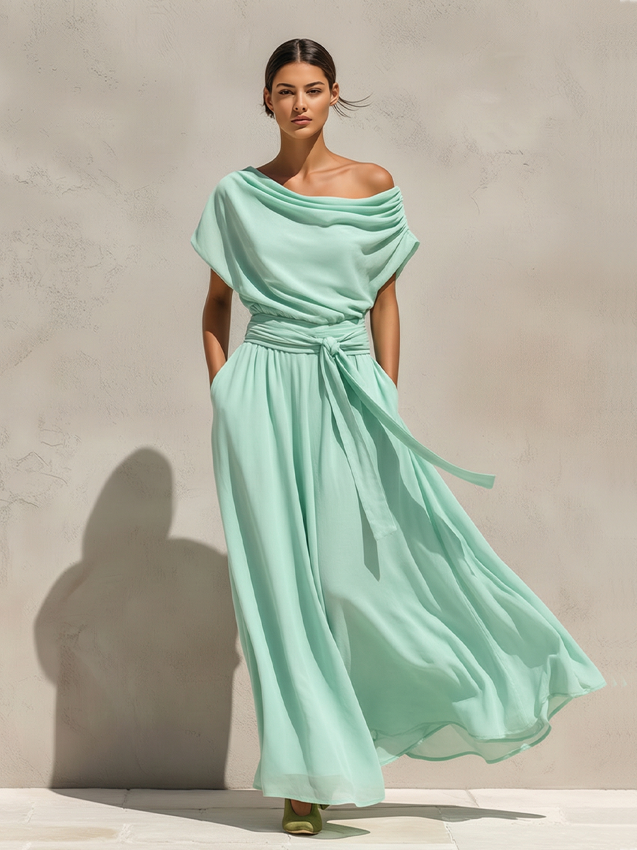 Mint Green Chiffon Off-The-Shoulder Maxi Dress with Belted Waist for Women
