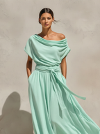 Mint Green Chiffon Off-The-Shoulder Maxi Dress with Belted Waist for Women