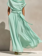Mint Green Chiffon Off-The-Shoulder Maxi Dress with Belted Waist for Women