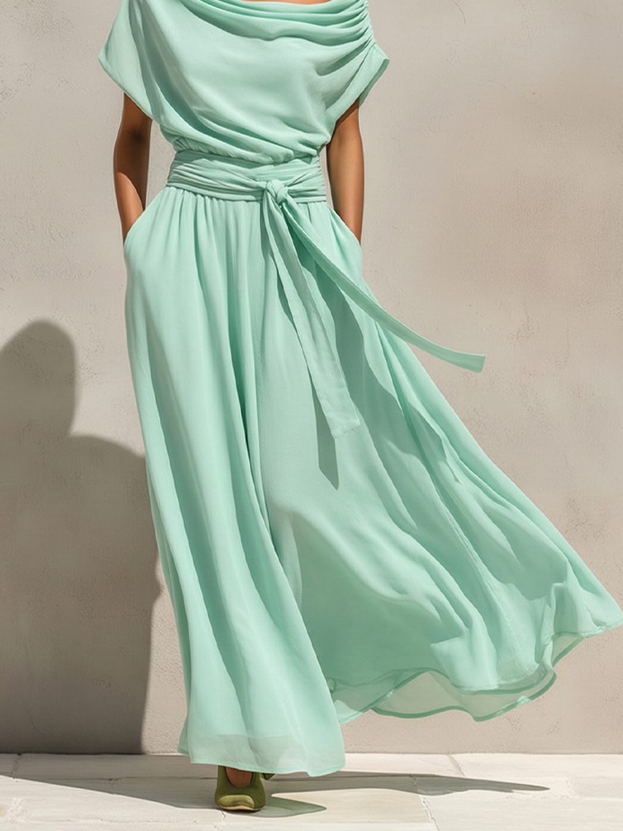 Mint Green Chiffon Off-The-Shoulder Maxi Dress with Belted Waist for Women