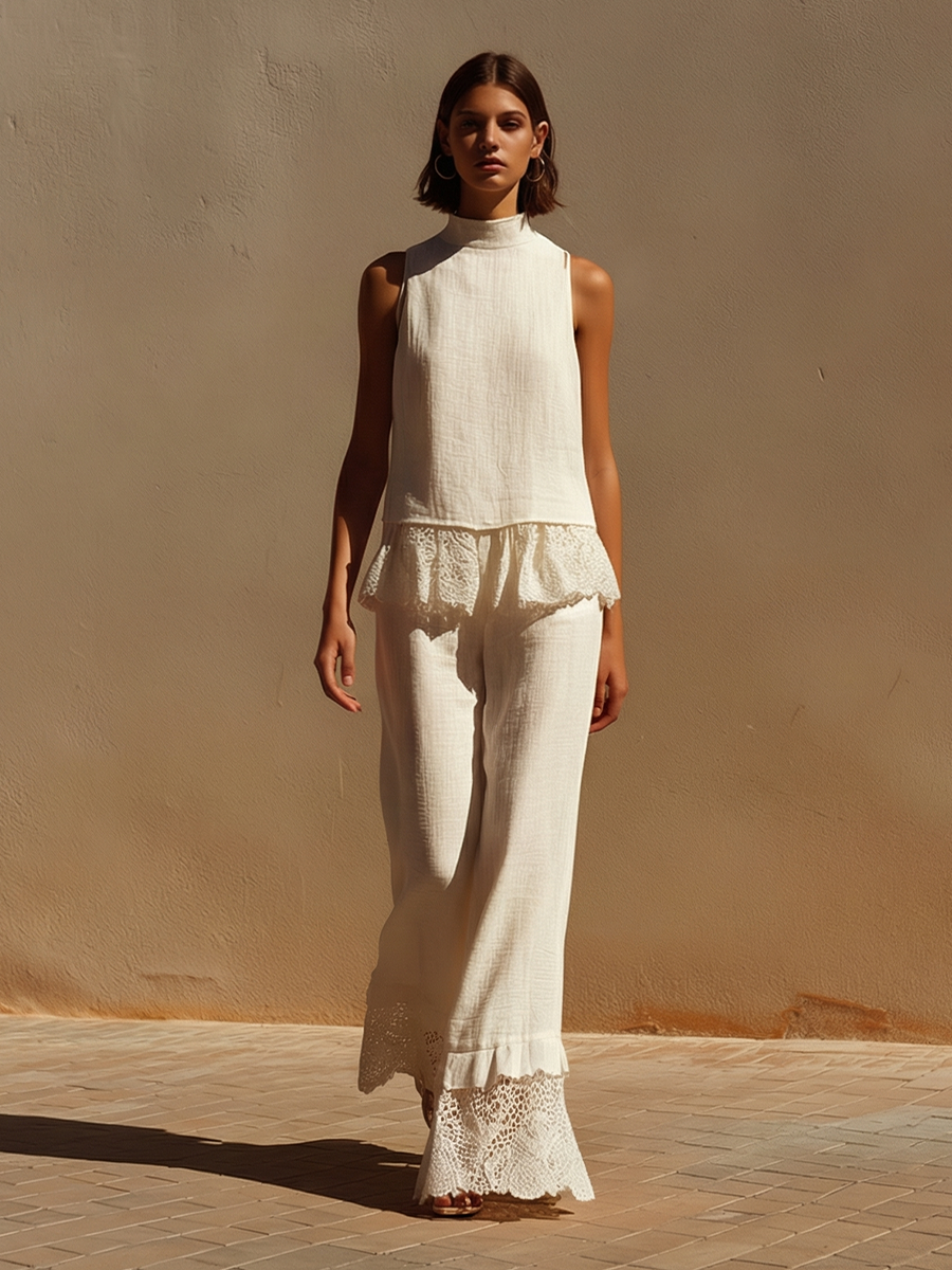 Off-White Linen Two-Piece Set - High Neck Halter Top & Wide-Leg Pants - Boho Outfit