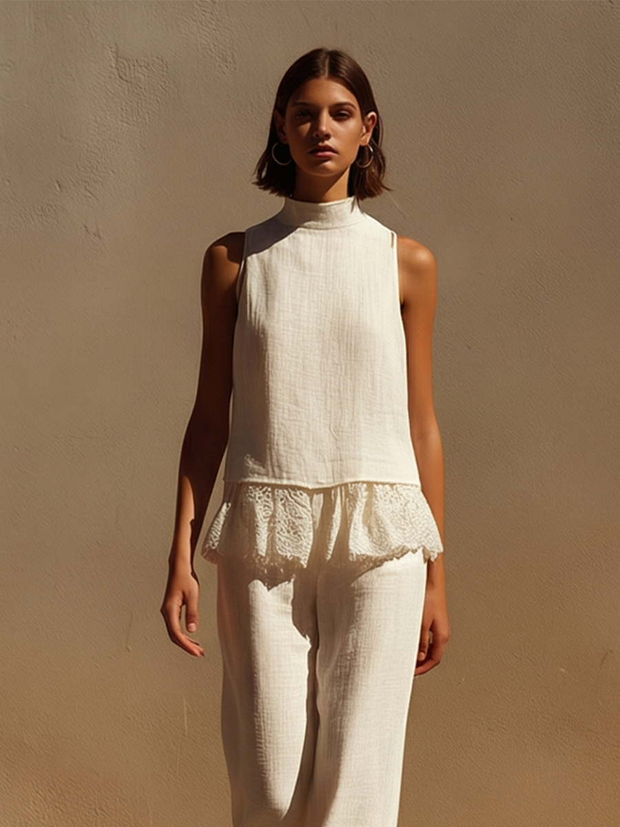 Off-White Linen Two-Piece Set - High Neck Halter Top & Wide-Leg Pants - Boho Outfit