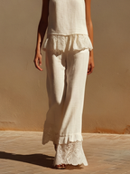 Off-White Linen Two-Piece Set - High Neck Halter Top & Wide-Leg Pants - Boho Outfit