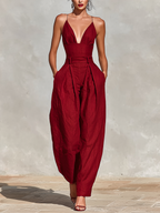 Red Linen Spaghetti Strap Jumpsuit with High-Waisted Pleated Pants for Women