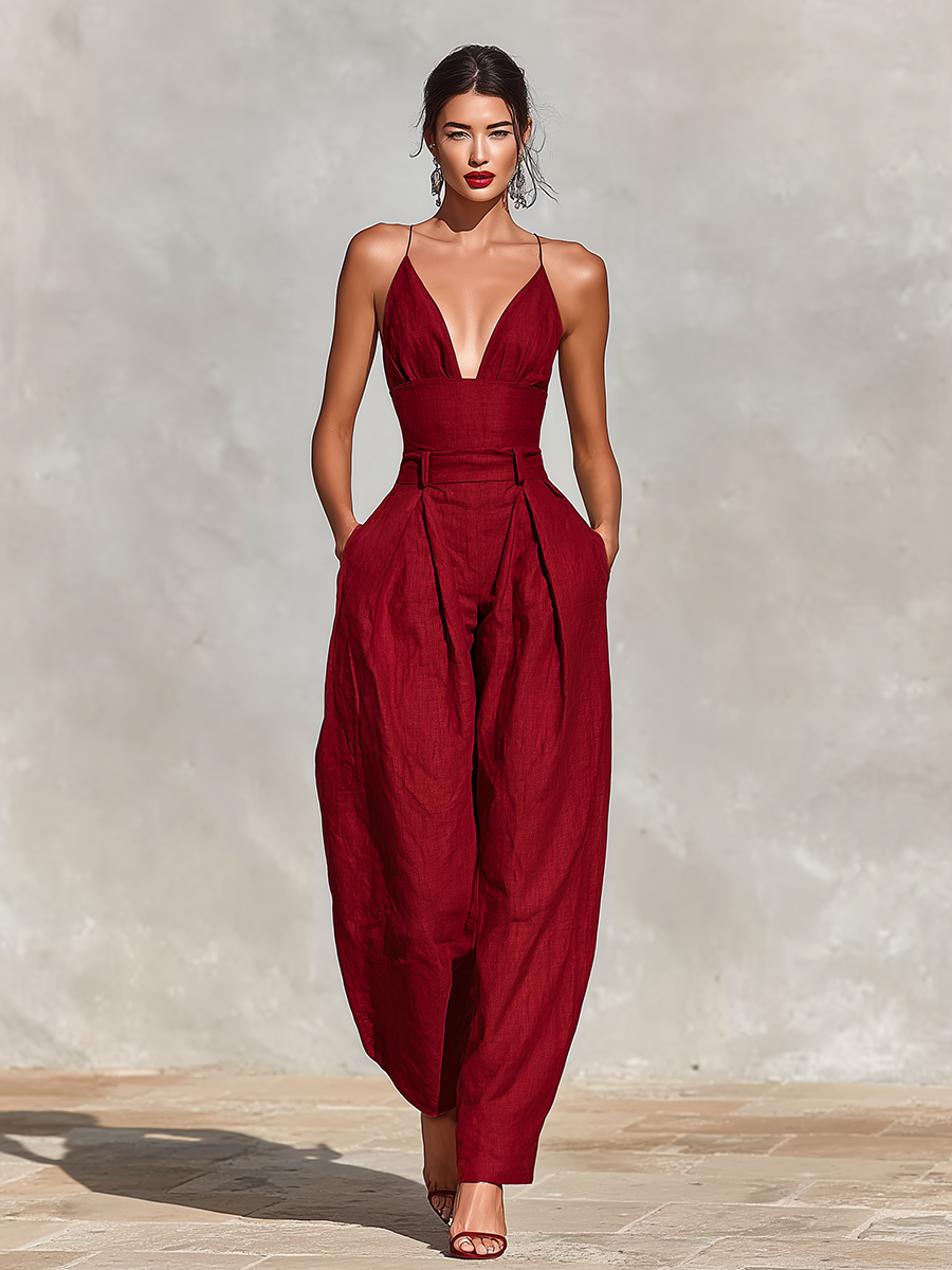 Red Linen Spaghetti Strap Jumpsuit with High-Waisted Pleated Pants for Women