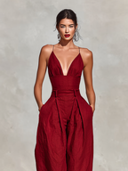 Red Linen Spaghetti Strap Jumpsuit with High-Waisted Pleated Pants for Women