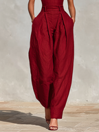 Red Linen Spaghetti Strap Jumpsuit with High-Waisted Pleated Pants for Women