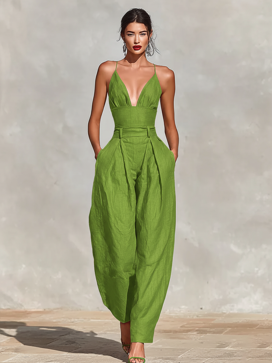 Red Linen Spaghetti Strap Jumpsuit with High-Waisted Pleated Pants for Women