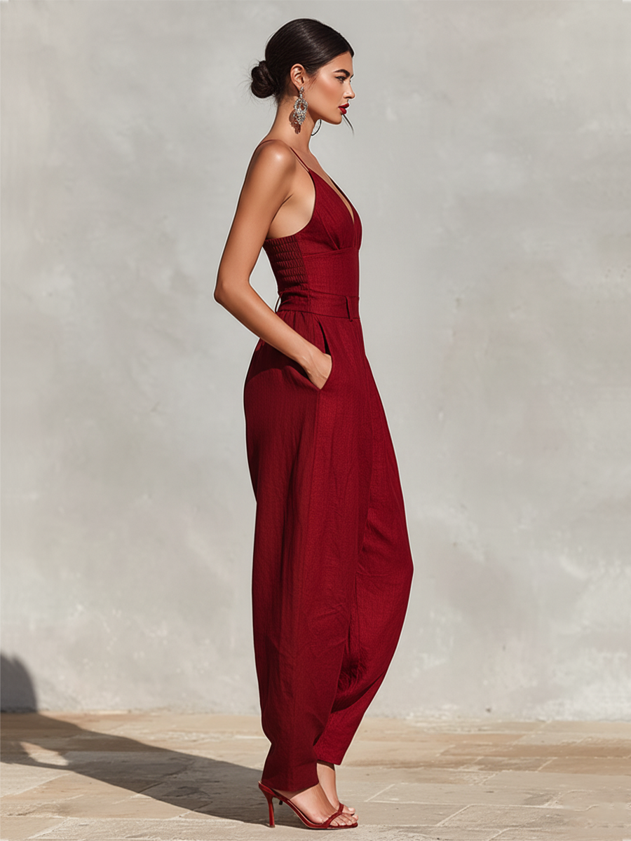 Red Linen Spaghetti Strap Jumpsuit with High-Waisted Pleated Pants for Women