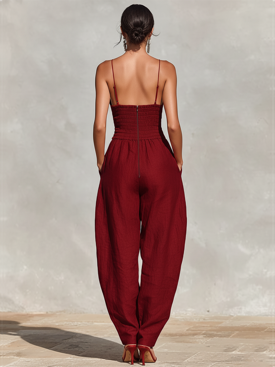 Red Linen Spaghetti Strap Jumpsuit with High-Waisted Pleated Pants for Women