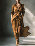 Vintage Brown Maxi Dress for Women - Button-Down Collared, Ruched Waist, Casual