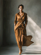 Vintage Brown Maxi Dress for Women - Button-Down Collared, Ruched Waist, Casual