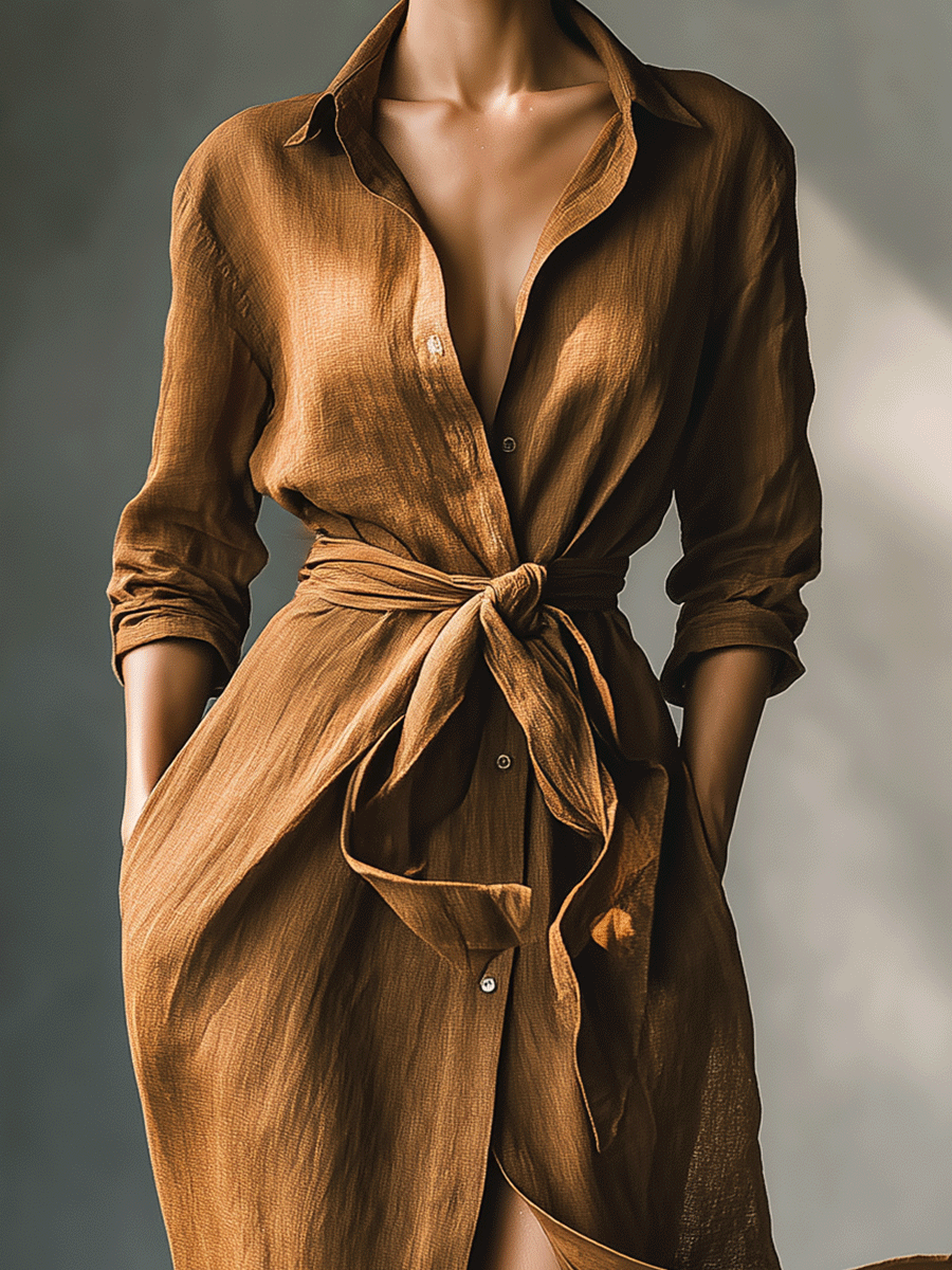 Vintage Brown Maxi Dress for Women - Button-Down Collared, Ruched Waist, Casual