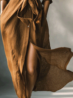 Vintage Brown Maxi Dress for Women - Button-Down Collared, Ruched Waist, Casual