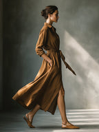 Vintage Brown Maxi Dress for Women - Button-Down Collared, Ruched Waist, Casual