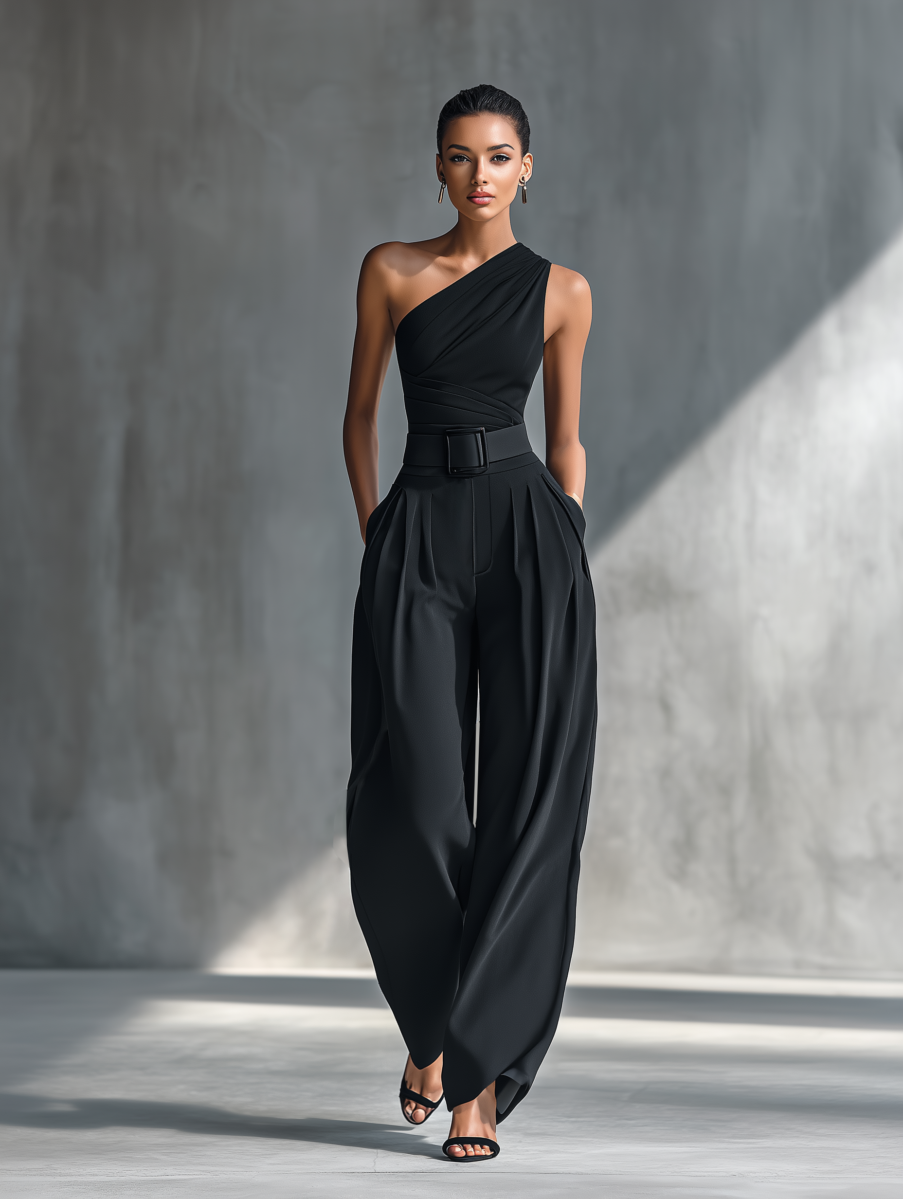 Women's Black High-Elastic Knit Top & Acetate Wide-Leg Pants Set