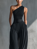Women's Black High-Elastic Knit Top & Acetate Wide-Leg Pants Set