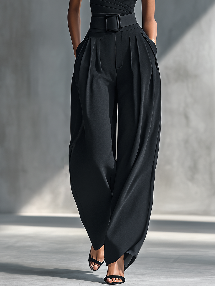Women's Black High-Elastic Knit Top & Acetate Wide-Leg Pants Set