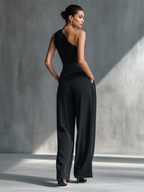 Women's Black High-Elastic Knit Top & Acetate Wide-Leg Pants Set